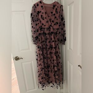 Dusty pink floral bishop sleeve wrap belted mesh dress